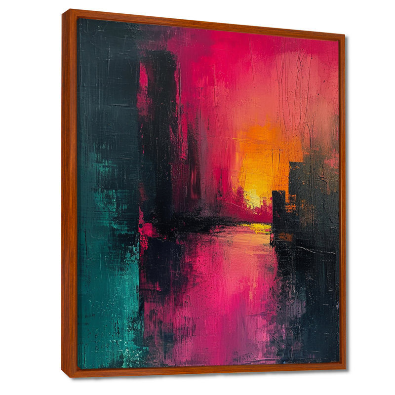 Coucher de soleil urbain magique - paysage abstrait, art mural, H 20 po x l 12 po x P 1 po, Toile avec cadre flottant brun