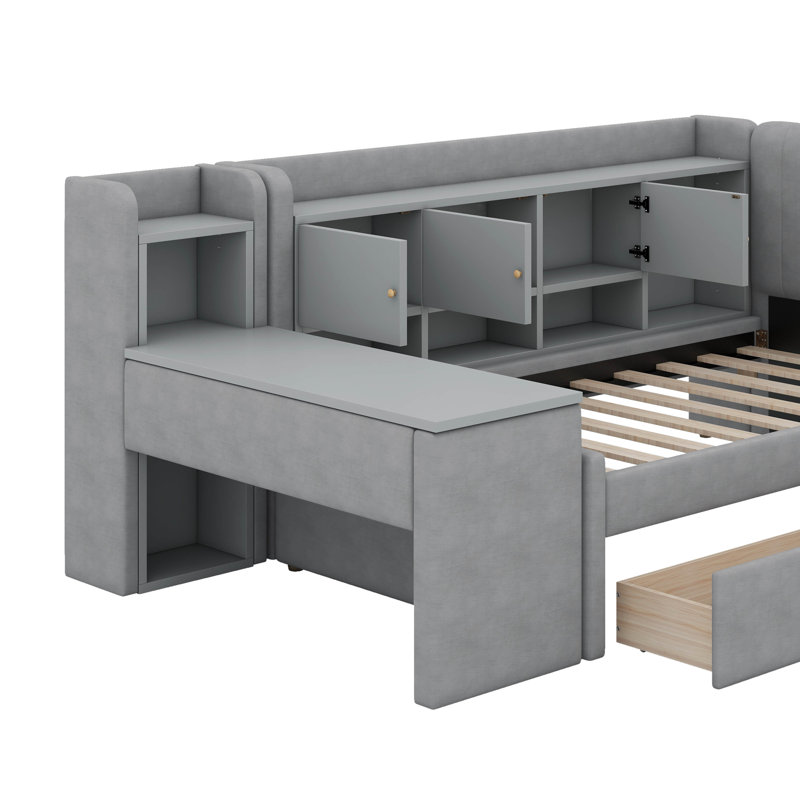Lit de jour simple rembourré avec tiroirs, tablettes et table d'appoint, Gris