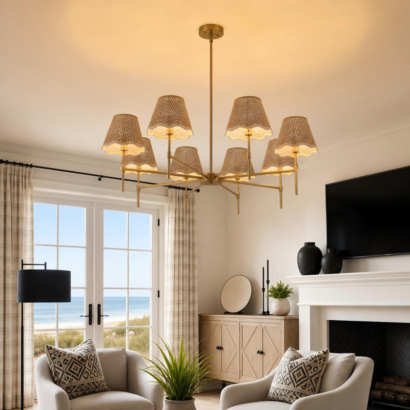 Lustre 8 lumières boho en rotin, style industriel Aylianna, 8 lumières