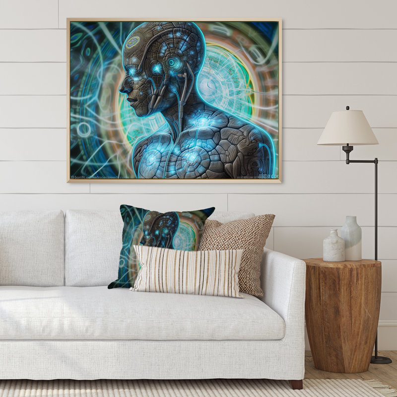 " Future Telepathy Turquoise Cybog ", Gold Floater Framed, 12" H x 20" W x 1" D