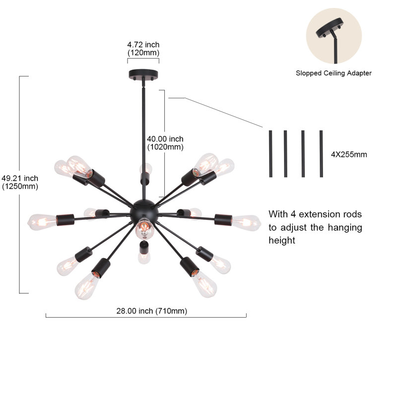 Lustre sphérique spoutnik 15 lumières à intensité variable Jaleyah, Noir mat