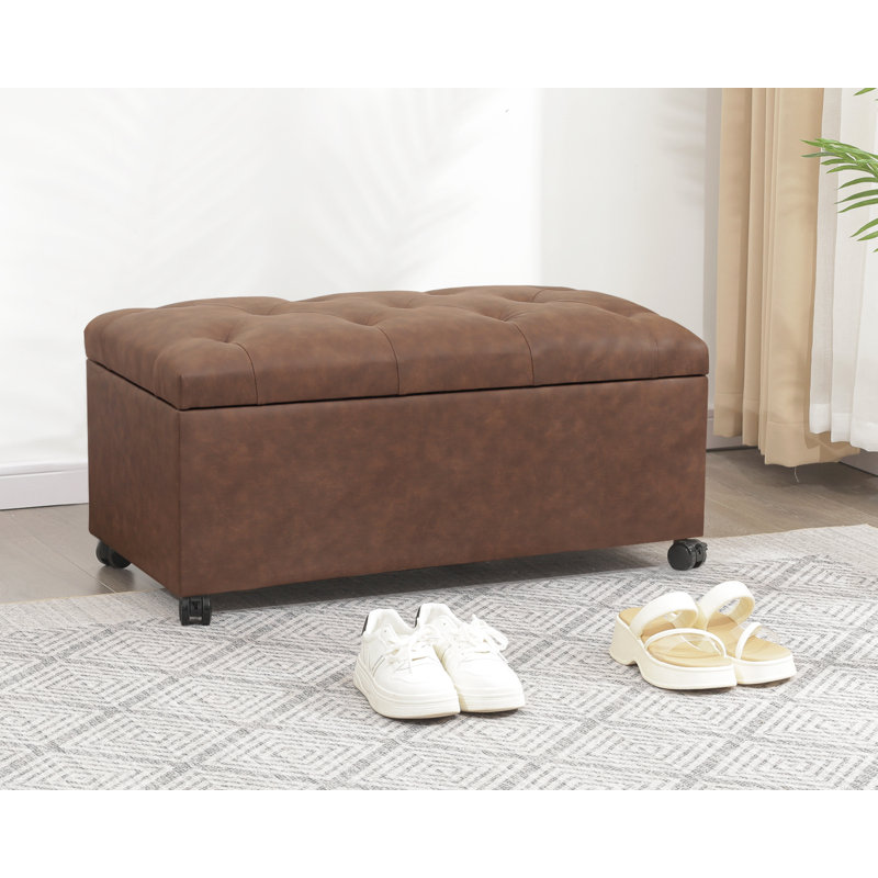 Repose-pieds rectangulaire avec rangement en similicuir 35,4 po avec roulettes, Chocolat / Brun