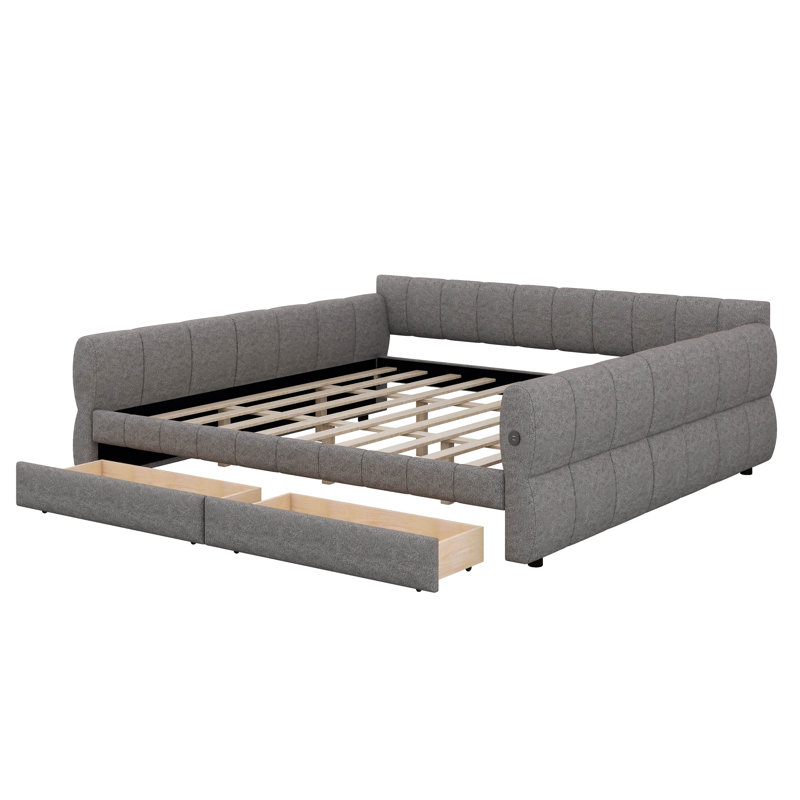 King Size Daybed With 2 Storage Drawers, Upholstered Daybed With USB, Platform Bed For Bedroom, No Box Spring Needed, Gray