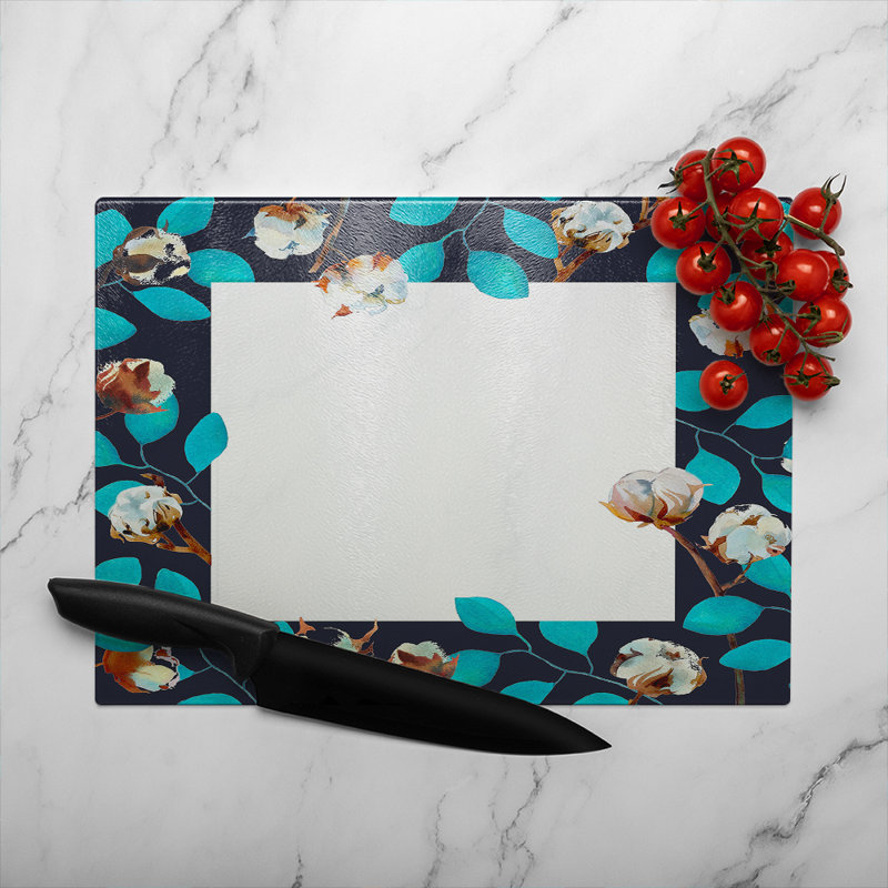 Watercolour Leaf Frame Glass Chopping Board, 28cm L x 20cm W