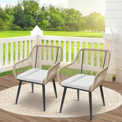Outdoor Patio Dining Chairs Set Of 2, Willow Wicker Rattan Balcony Chairs With Removable Cushions, Ergonomic Armrests & Backrest, All-weather Outdoor