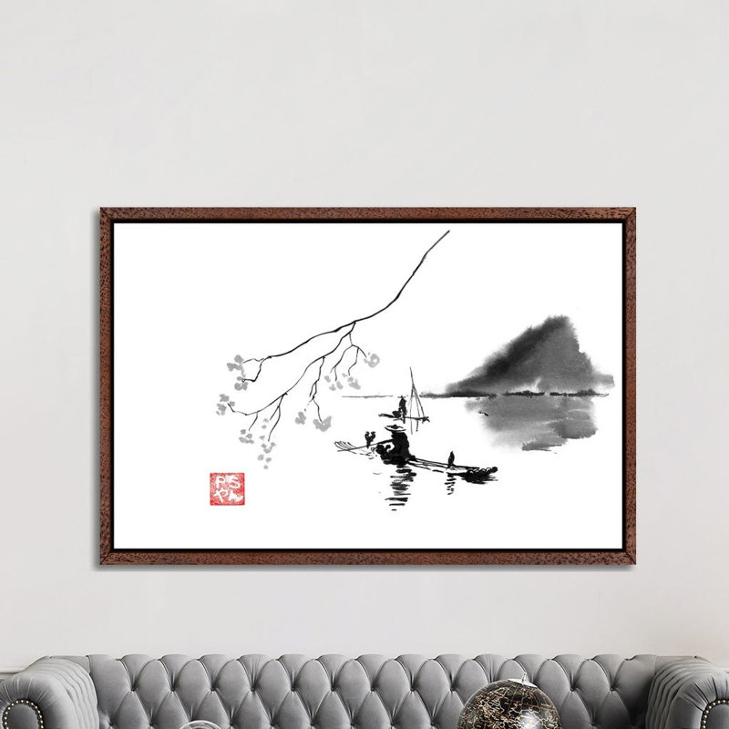 Lake by Péchane - Painting on Canvas, 152.5 cm H x 101.5 cm W, Classic Brown Wood Framed