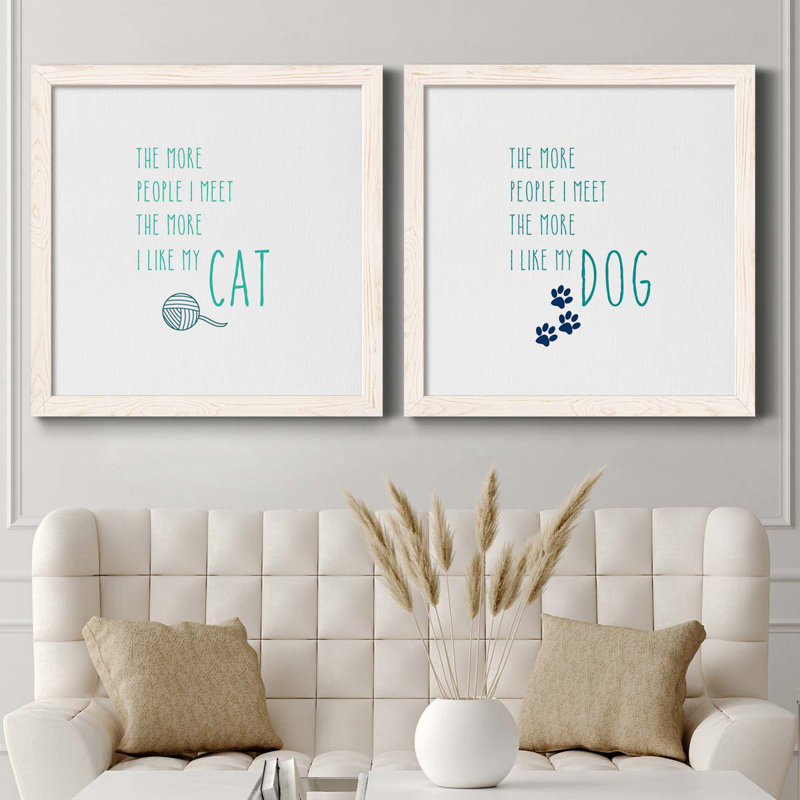 Ensemble d'art textuel sur toile The More I Like My Cat - 2 pièces, Cadre blanc, H 27,5 po x l 55 po x P 1,5 po
