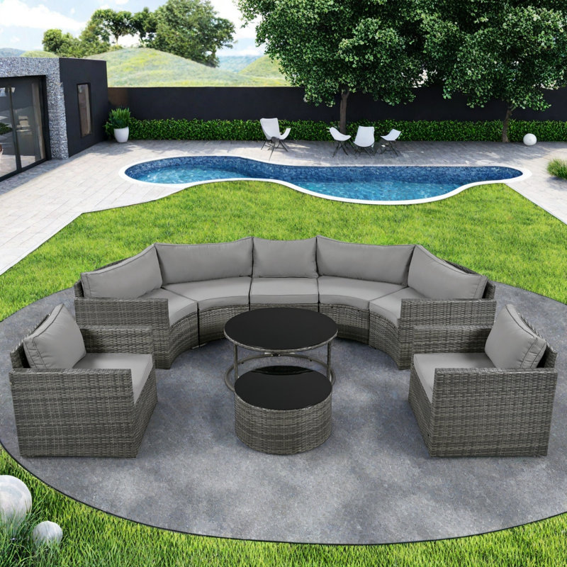 9-piece Outdoor Half-moon Wicker Conversation Sets With 1 Nesting Coffee Table And Tempered Glass Top