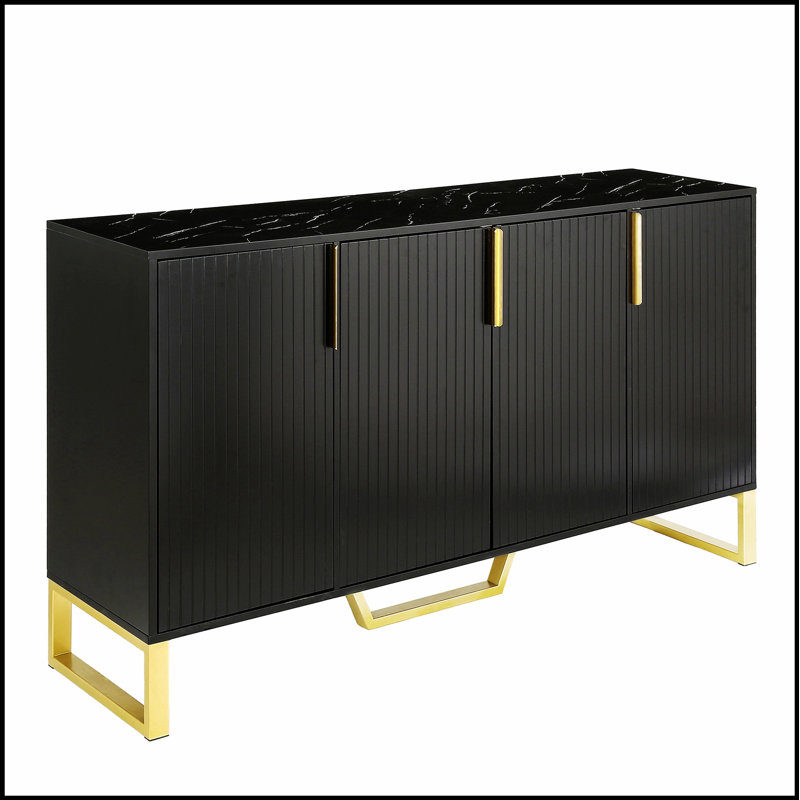 Modern sideboard with Four Doors, Metal handles & Legs and Adjustable Shelves Kitchen Cabinet, Black