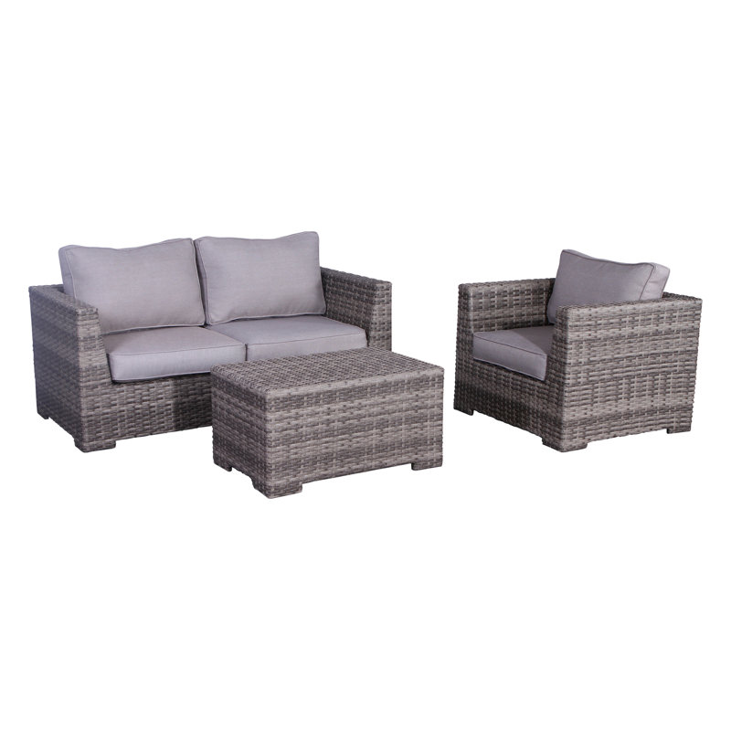 Ensemble de conversation en osier pour 3 personnes avec coussins Cariah, Mélange de gris