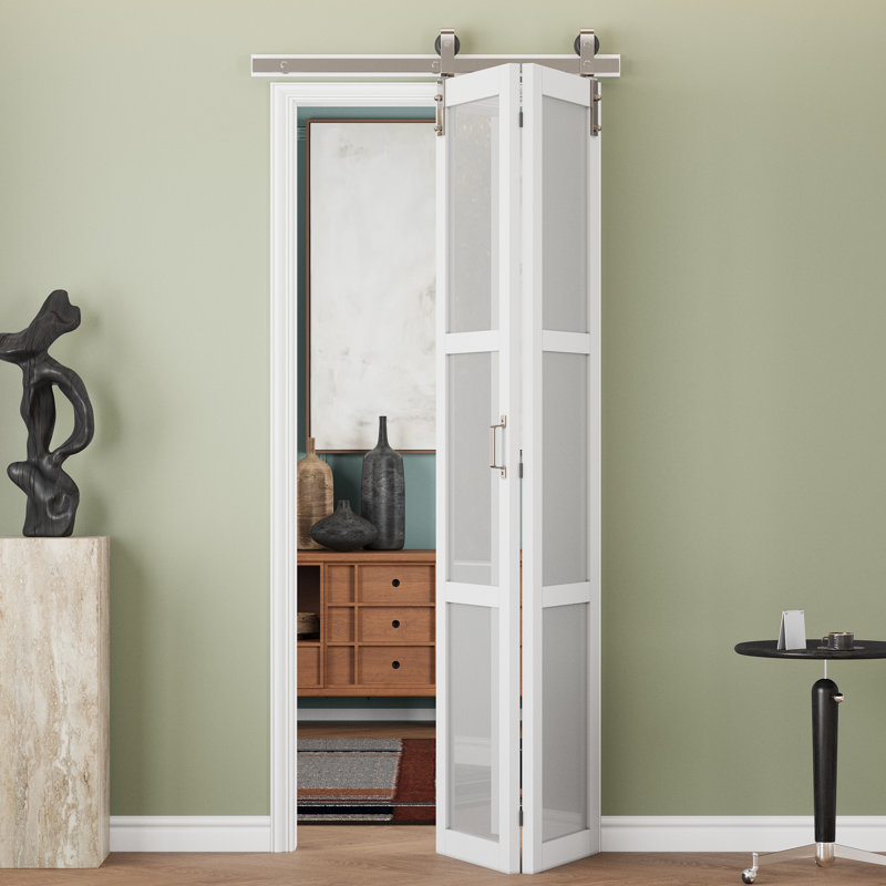 (Nickel plaqué) Porte de grange pliante en verre givré blanc 3 Lite avec trousse de quincaillerie et poignée (garde-manger, garde-robe)