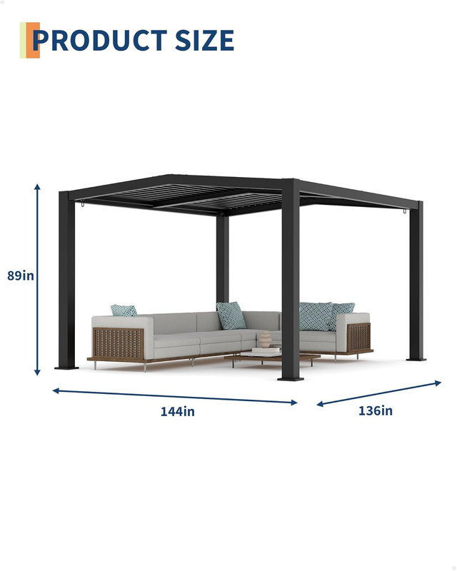 11x13ft Louvered Pergola, Adjustable Aluminum Roof & Integrated Drainage for Patio Deck, Gray, Silver