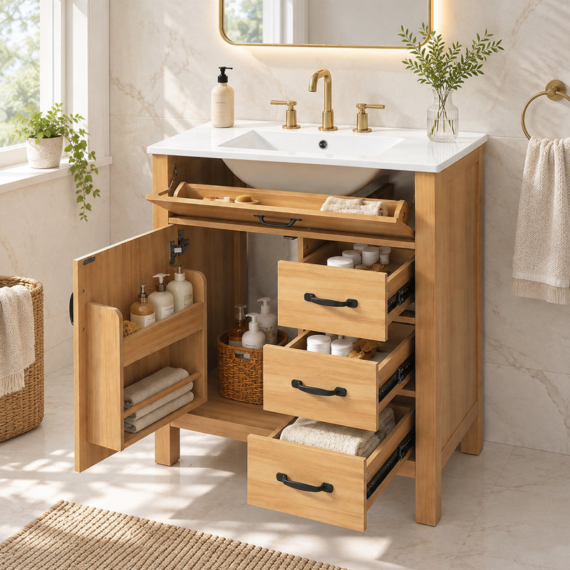 Meuble-lavabo de salle de bain de 30,3 pouces avec lavabo en céramique et charnières à fermeture en douceur