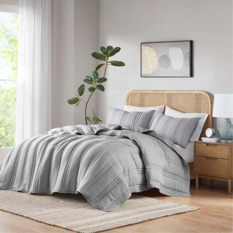 Ensemble 3 pièces en gaze synthétique gris, doux et léger pour un confort toute l'année., Gris