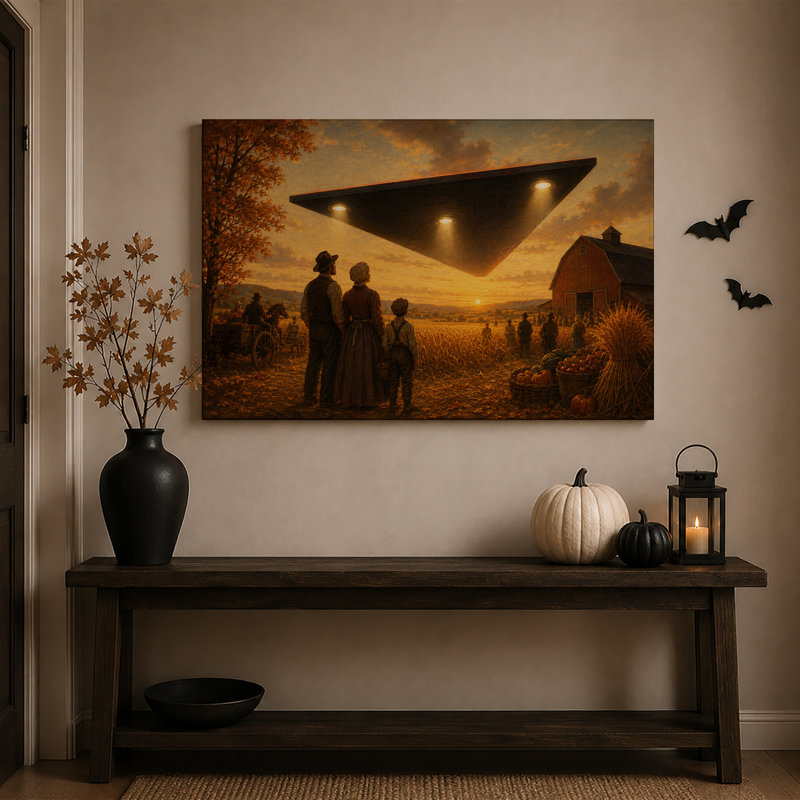 Les agriculteurs observent un OVNI triangulaire au-dessus d'une grange à l'occasion de l'Halloween (tableau sur toile)