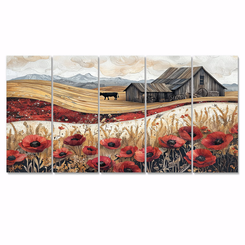 Les coquelicots de campagne et la vache et la grange III - coquelicots - art mural Tra, H 28 po x l 60 po, 5