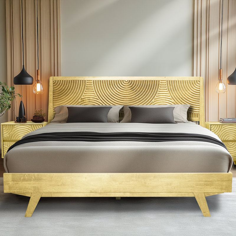 Structure de lit Harmony en bois massif de style plateforme avec tête de lit sculptée, style Mid-Century moderne, aucun sommier nécessaire, assemblage d'outils intelligents, capacité de 800 lb