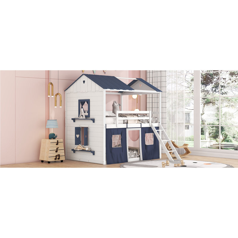 Lit superposé en bois avec fenêtres élégantes, Bleu, Lit simple