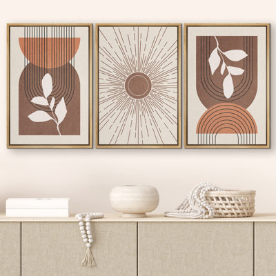 " Geometric Mid-Century Sun Floral Plants Nature Abstract Illustrations Modern Art Boho Decor " 3 - Pieces