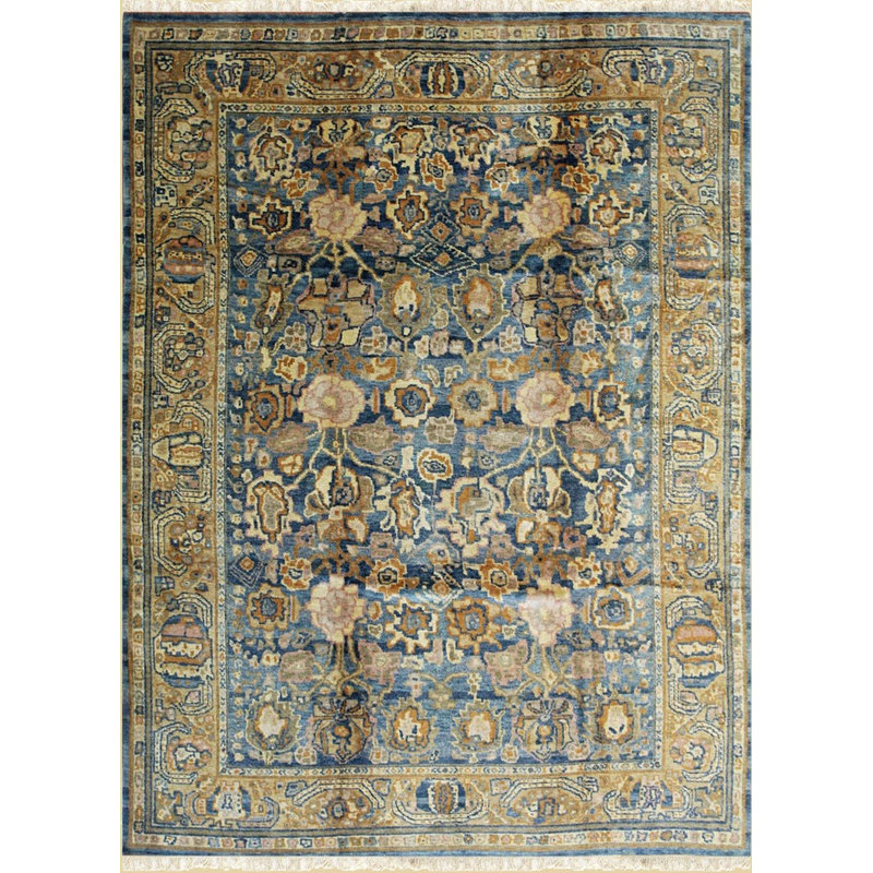 Tapis traditionnel bleu noué à la main, Rectangle 9 pi x 12 pi