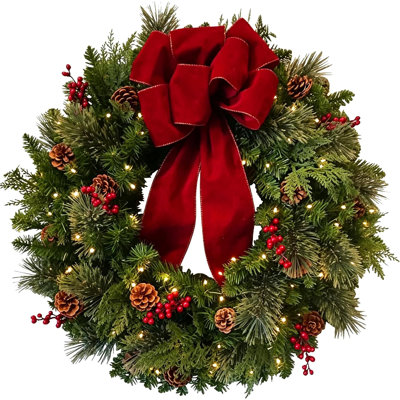 Couronne de Noël de 50 cm avec nœud en velours rouge et pommes de pin, décoration de porte d'entrée pour les fêtes