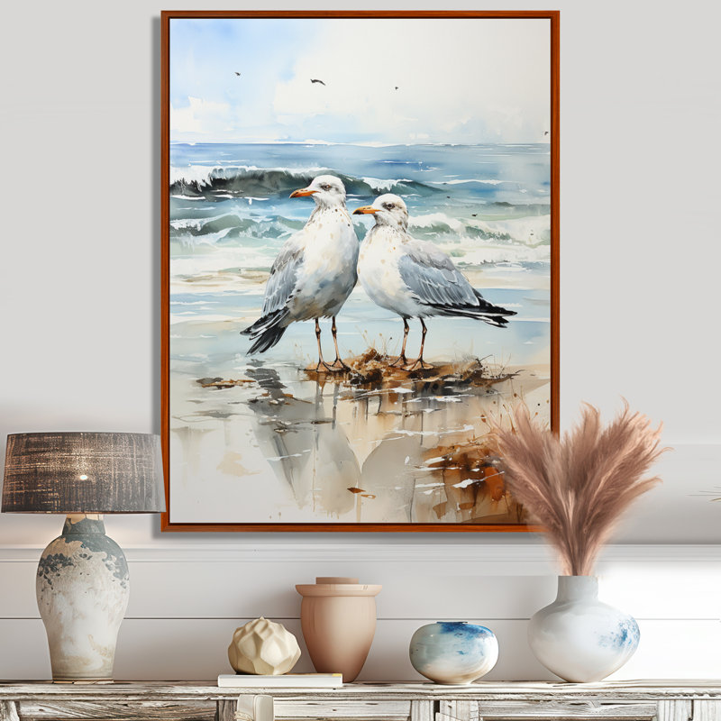«Abstract Beach Seagulls In Love - Art mural de mouette pour le salon, H 44 po x l 34 po x P 1,5 po, Cadre flottant brun