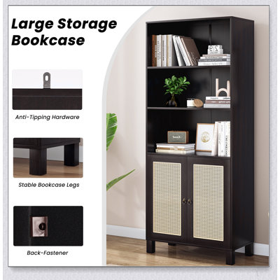 Grande bibliothèque avec portes en rotin, 5 tablettes de rangement en bois pour la bibliothèque, le salon et le bureau personnel