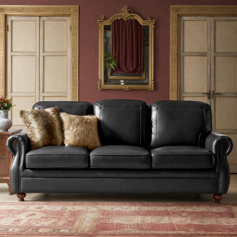 Gerardo 85.5" Genuine Leather Traditional Rolled Arms Sofa With Nailhead Trims, Black