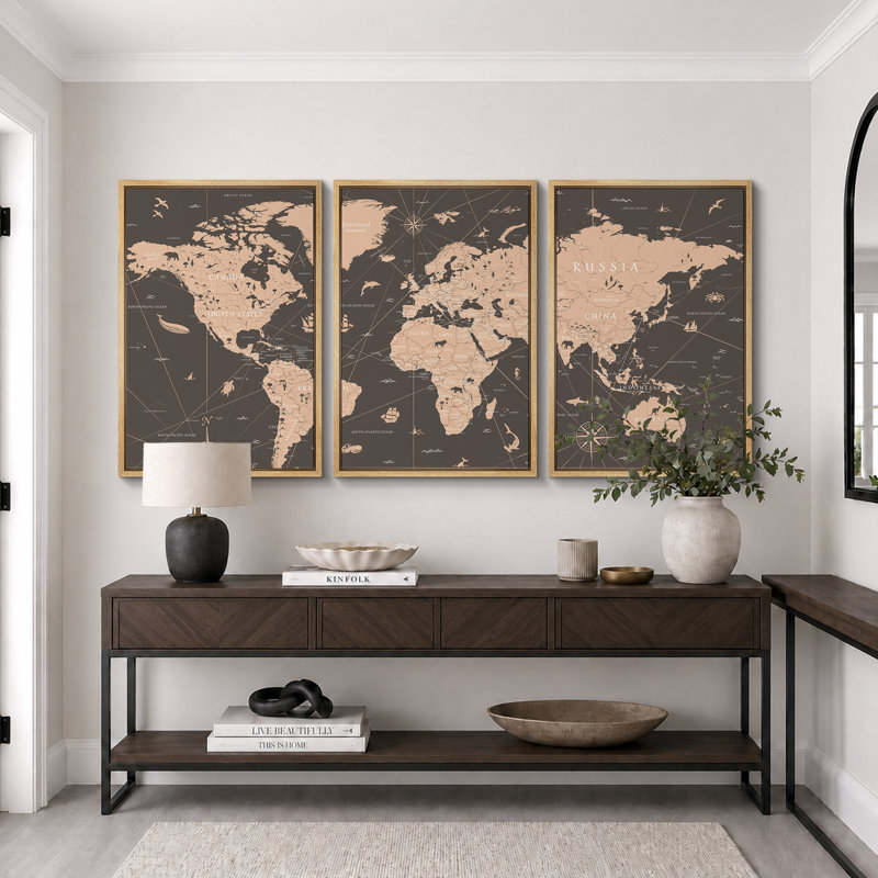 «World Map Sepia Global Country», ensemble de 3 reproductions sur toile, H 24 po x l 48 po, Reproduction avec cadre flottant
