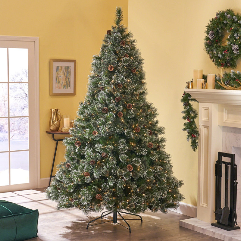 Arbre mélangé 9 'en cachemire et poils de neige avec 105 pommes de pin et 1200 lumières claires-UL, 2317 pointes, diamètre: 69