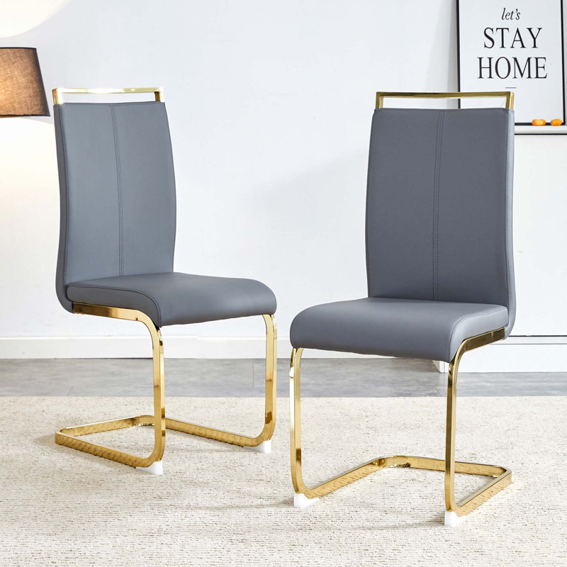 Modern Faux Leather Cantilever Dining Chairs (Set of 4), Dark Gray, Gold, 4