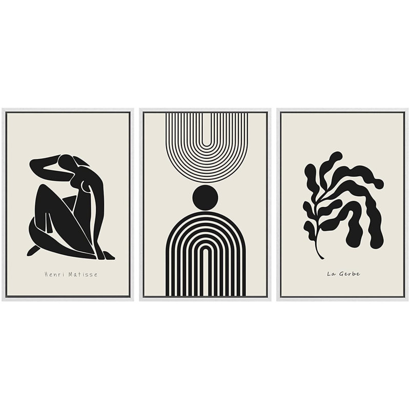 «Black Matisse Dancer Lar Gerbe Plant Mid Century Modern», art mural encadré sur toile, 3 pièces, Cadre blanc