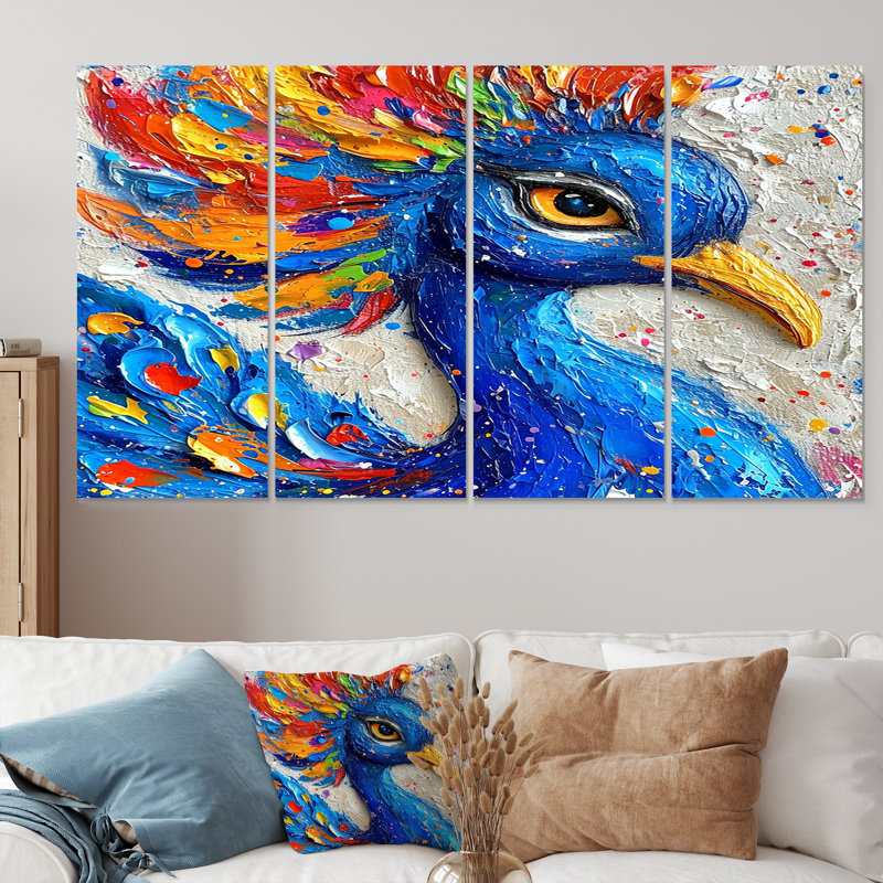 Peinture d'art sur bois, "Paon bleu" - 4 pièces, H 32 po x l 64 po