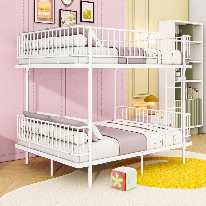 Metal Bunk Bed with Ladders and Guardrails, Full Over Full, White