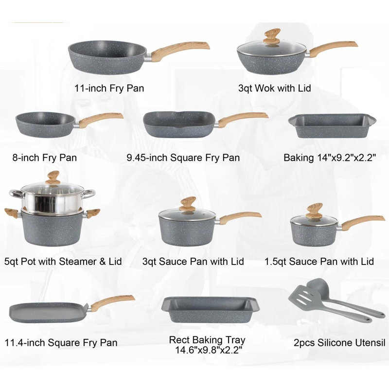 17 - Piece Non-Stick Aluminum Cookware Set, Grey/Natural