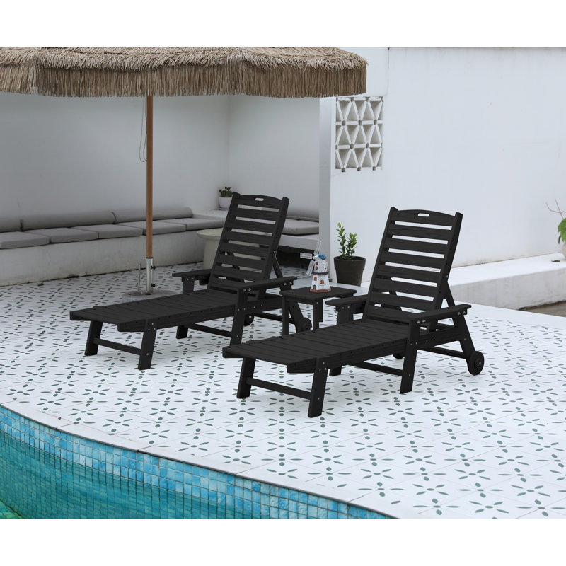 Premium 3-Piece Oversized Chaise Lounge Set with Side Table, All-Weather, 5 Positions, Wheels & Cup Holder, Black