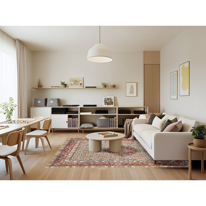 Tapis en laine beige / rouge, Rectangle 7 pi x 9 pi