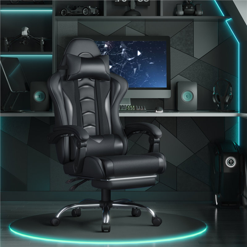 Ergonomic Gaming Chair with Massage Lumbar Pillow, Black