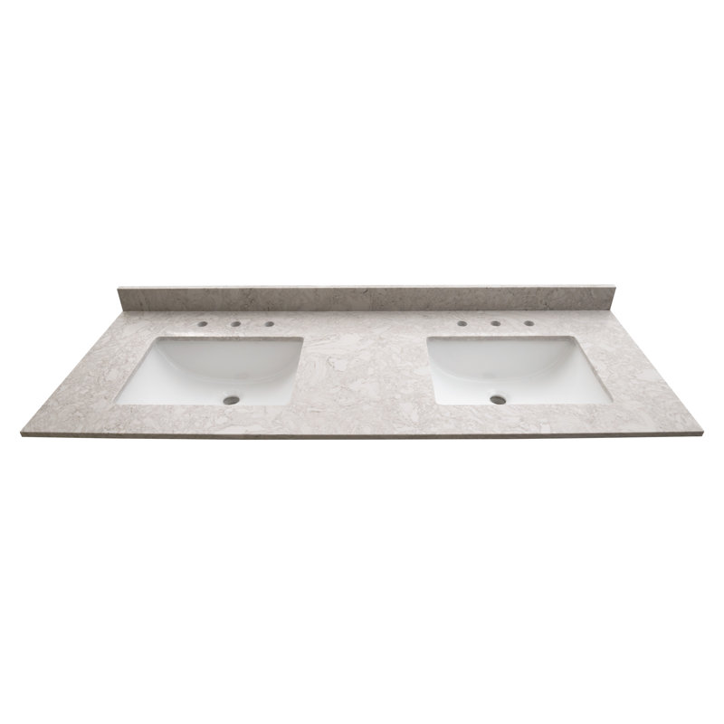Plateau de meuble-lavabo à double cuve intégrée en pierre d'ingénierie 61 po x 22 po LustreLine, Velisse plume
