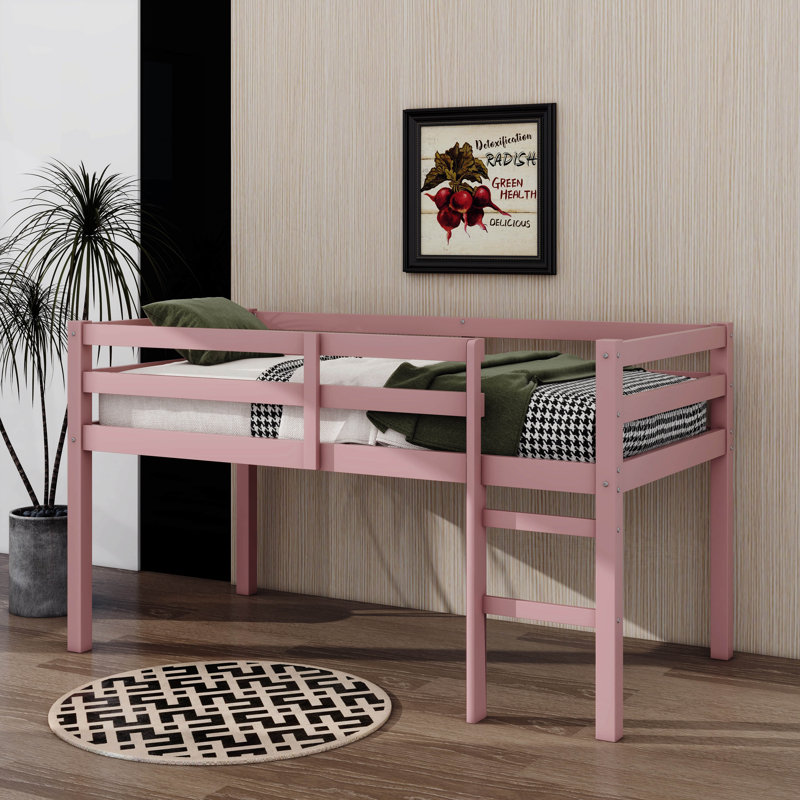 Twin Loft Bed With Guardrails And Ladder, Pink
