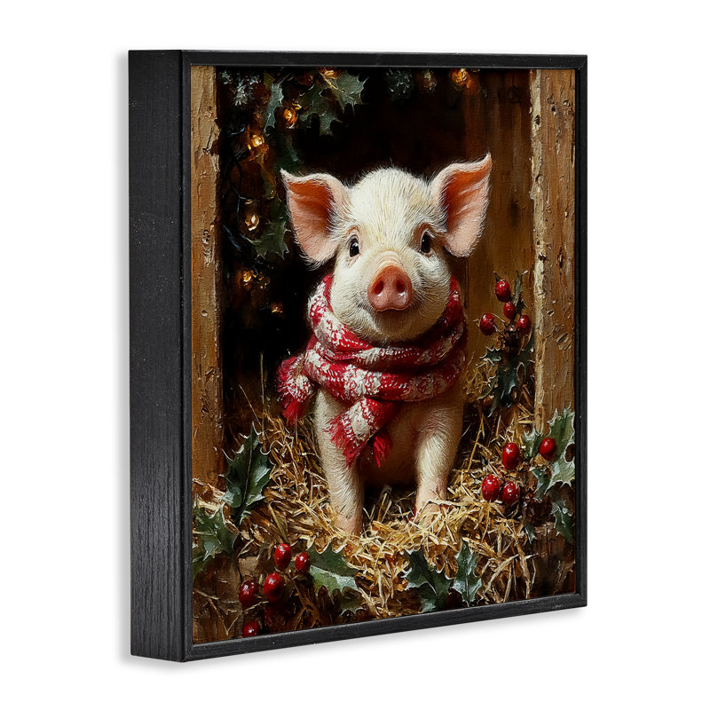 Cochon avec guirlandes des Fêtes, estampe numérique, conception de Riley B, H 17 po x l 17 po, Giclée encadrée noir minuit