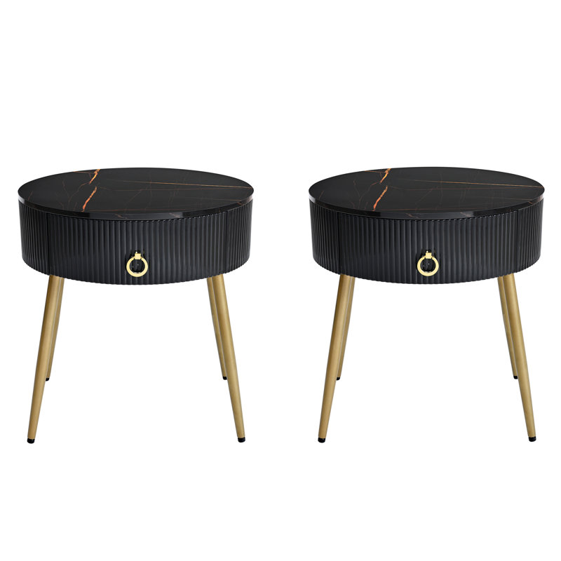 Modern Side Tables Set With Faux Marble Tops And Design, Black