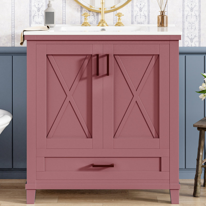 Freestanding 30'' Bathroom Vanity With Ceramic Top, Gray