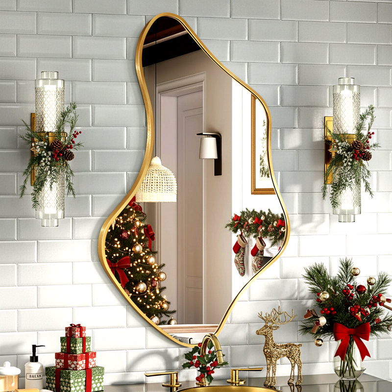 Luxury Asymmetrical Wall Mirror, Designer Irregular Bathroom Vanity Mirror with Sleek Aluminum Frame for Modern Interiors