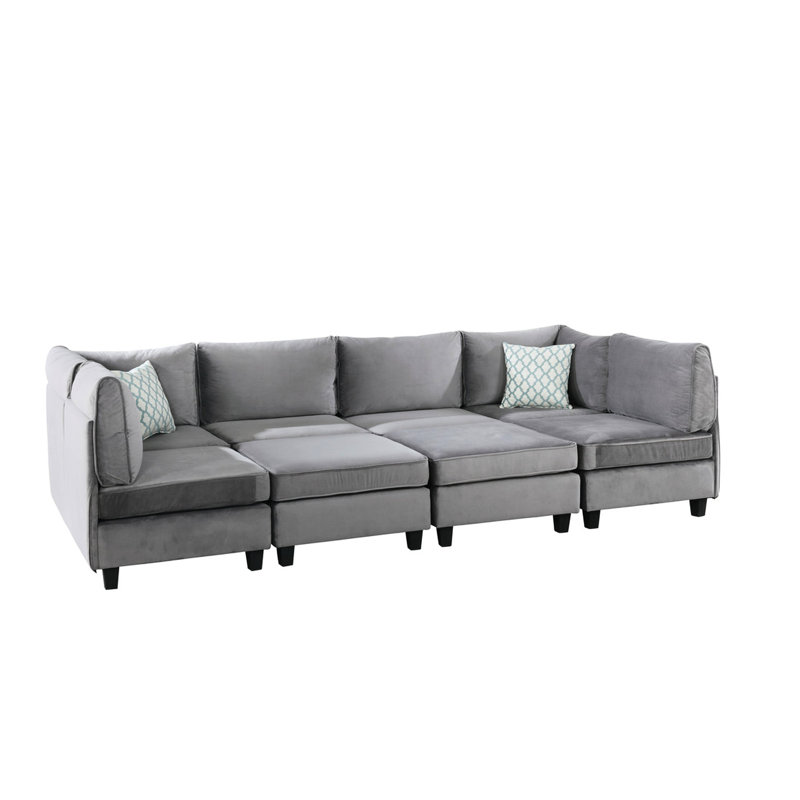 Canapé modulaire en velours gris 8 pièces, 120 po, avec 2 fauteuils d'angle, 4 repose-pieds sans accoudoirs, siège rembourré en mousse