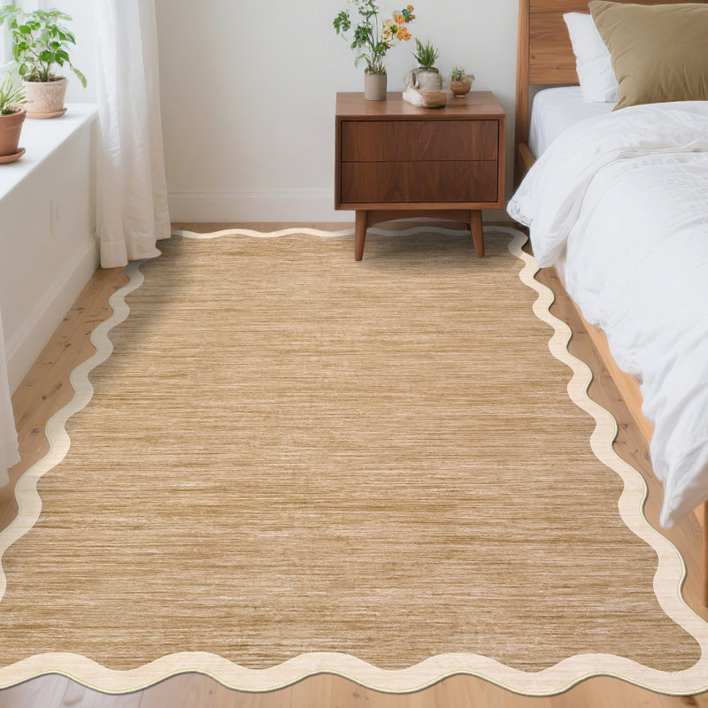 Scalloped Washable Rugs for Living Room Neutral Area Rugs Ultra-Thin Non Slip Large Bedroom Carpet Indoor Stain Resistant Contemporary Carpet for Dining Room Dorm