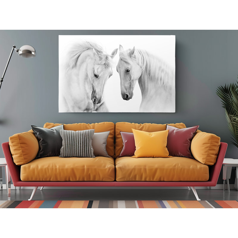 Couple de cheval blanc sur fond blanc, H 16 po x l 24 po x P 1 po