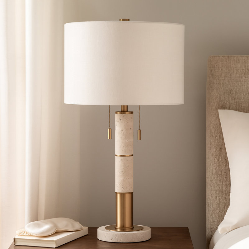 Lampe de table moderne en travertin avec double chaînette pour chambre à coucher - Lampe d'appoint élégante pour chevet, bureau ou salon - 71 cm, ivoire et or
