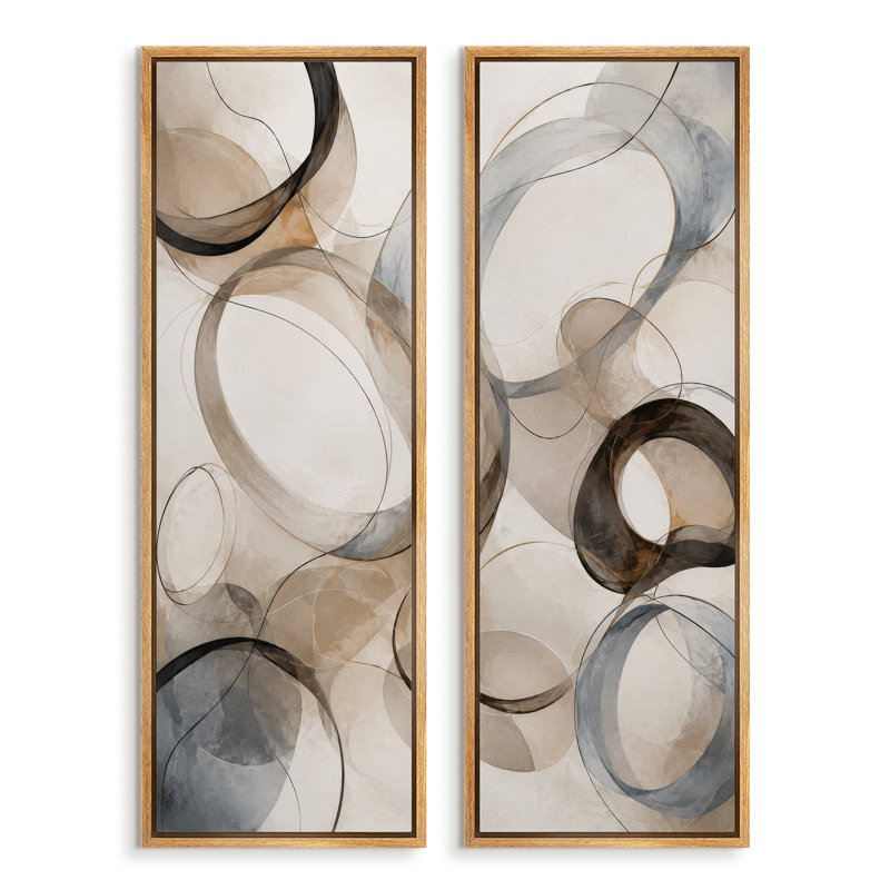 Ensemble de 2 impressions sur toile encadrées, motif de cercles fluides beiges et gris neutres – 60 po x 20 po x 2 po