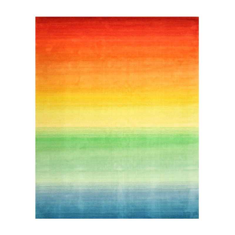 Tapis rayé en laine touffeté à la main rouge / jaune, Rectangle 8 pi 9 po x 11 pi 9 po